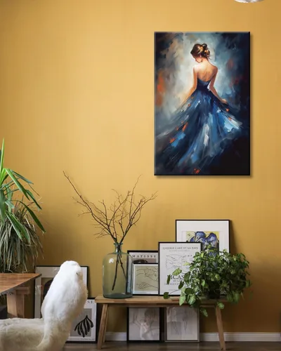 Vista 3 de GLOKAKA Pintura de niña bailarina, arte de pared para baño, abstracto, azul oscuro, brillante, sin espalda, vestido para niña, bailarina, lienzo