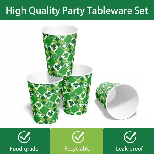 Vista 5 de 168 piezas de suministros para fiesta del día de San Patricio, platos de la suerte, servilletas, juego de vajilla de papel de trébol irlandés verde