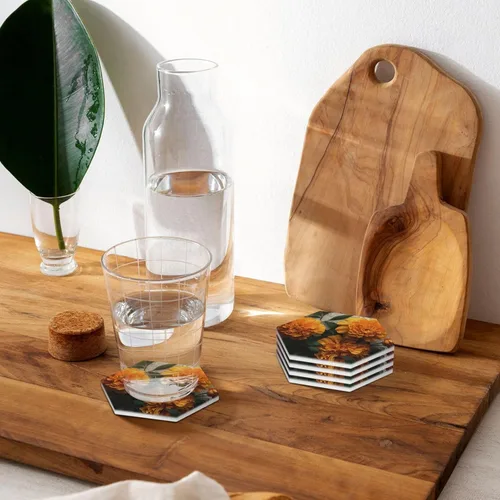 Vista 7 de Juego de 4 posavasos de cerámica para bebidas para tipos de tazas, posavasos de caléndula para protección de mesa, posavasos absorbentes para mesa