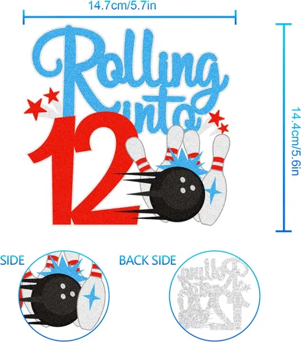 Vista 4 de Bowling Rolling Into 12 Happy 12th Birthaday - Decoración de pastel de bola de boliche de 12 cumpleaños con purpurina - Decoración de pastel