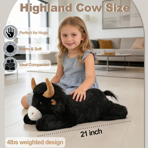 Vista 3 de Animales de peluche ponderados de 4 libras, lindos animales de peluche de vaca de las Tierras Altas ponderados - Juguetes de peluche de vaca