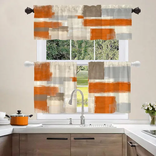 Vista 8 de Shrahala Beige and Orange Abstract Art Brushstrokes Blackout Curtain Tiers, Abstract Oil Paint Kitchen Valance Light Blocking Tier Drapes with Rod