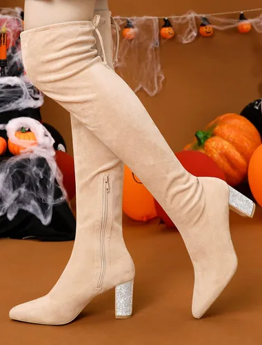 Vista 2 de Allegra K Botas altas de tacón grueso con diamantes de imitación brillantes para mujer