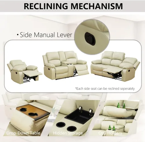 Vista 3 de Sofá reclinable manual, sofá reclinable de lujo de 3 plazas, sofá reclinable con portavasos y mesa de café, sofá de cuero sintético para sala