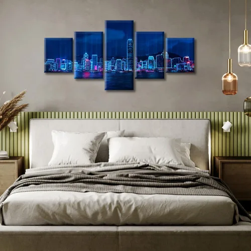 Vista 347 de Cuadros de 5 paneles de Cyberpunk City, arte de pared, representación de vallas publicitarias, edificios modernos en la capital con obras de arte