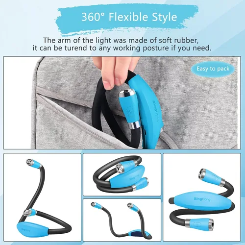Vista 4 de Luz recargable USB para leer en la cama, 4 bombillas LED, 4 brillo ajustable, manos libres para correr o reparar la lámpara (azul)