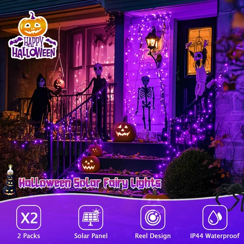 Vista 2 de JMEXSUSS - Paquete de 2 luces solares de Halloween, 33 pies, 100 luces LED Púrpura