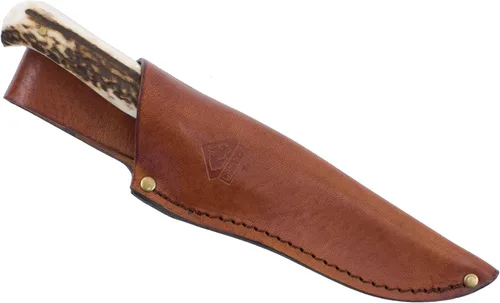 Vista 2 de Puma SGB Trail Guide - Cuchillo de caza de ciervo con funda de cuero, Escamas de cuerno de ciervo caídas naturalmente