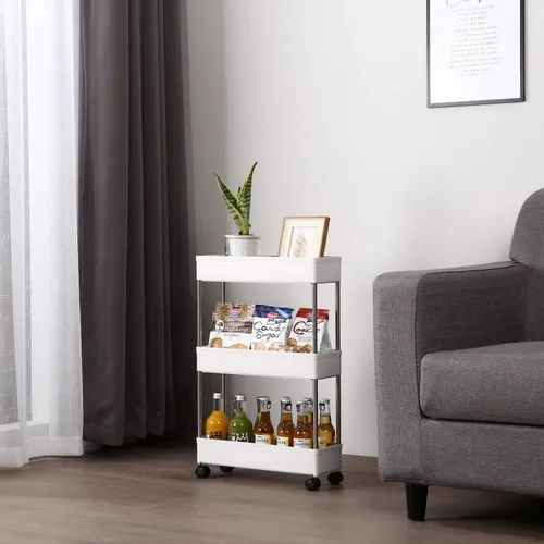 Vista 5 de Carrito de almacenamiento móvil, estantes de pie, organizador de almacenamiento deslizante, carrito utilitario con ruedas para cocina, baño