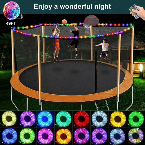 Vista 4 de Yoluckea 1500 libras 10 12 14 15 16 pies para adultos y niños con rociador, luces, aro de baloncesto, bolas de agua, 16 calcetines, trampolín