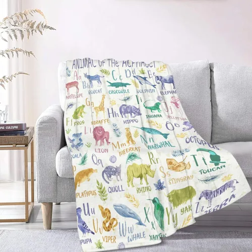 Vista 9 de Manta de franela con diseño del alfabeto de animales, súper suave, ligera, para niños, adultos, adecuada para sofá, cama, campamento, viajes, todas