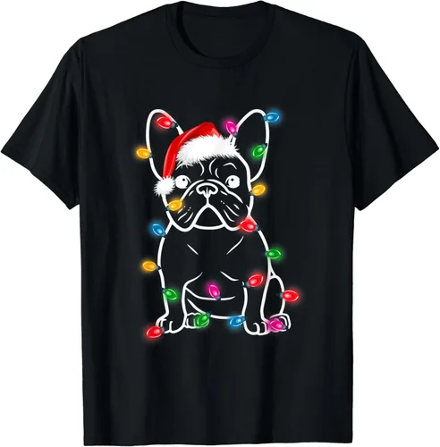 Vista 2 de Divertida camiseta de pijama de Navidad con luces de Navidad con diseño de bulldog francés, Negro
