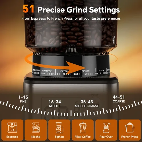 Vista 11 de Molinillo de café cónico, 51 ajustes precisos de molienda automática, pantalla LED inteligente de doble control, 1-12 tazas, con soporte