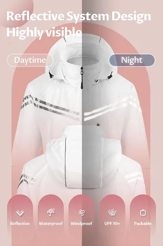 Vista 2 de CREATMO US Chaqueta impermeable plegable para mujer, chaqueta de ciclismo reflectante con capucha desmontable