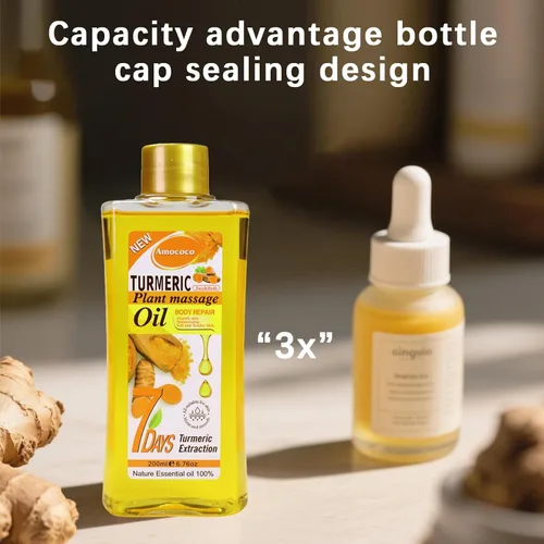 Vista 6 de Aceite corporal de cúrcuma de 6.8 fl oz para masaje e hidratación diaria, hidratación profunda con vitamina E, colágeno, aceite de cúrcuma para cara