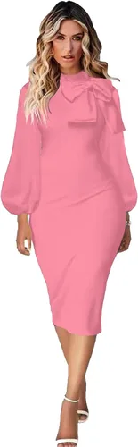 Vista 2 de Beverly Vestido de tubo ajustado para mujer, de manga larga, elegante, con lazo, para trabajo, oficina, cóctel, fiesta, vestido de tubo