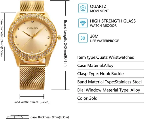Vista 3 de ManChDa Reloj de pulsera para mujer, caja de cristal, malla de acero inoxidable, reloj analógico de cuarzo con diamantes, clásico, a la moda