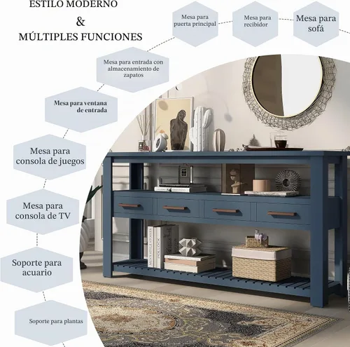 Vista 6 de Moderna mesa consola de 62.2 pulgadas, mesa de sofá con 4 cajones y 2 estantes, adecuada para entrada, pasillo, sala de estar, dormitorio