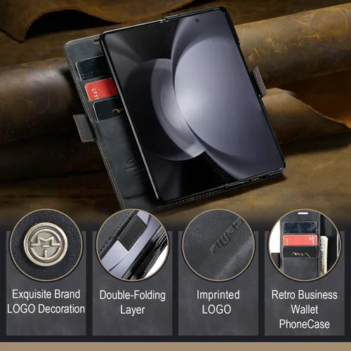 Vista 6 de Kowauri Funda para Samsung Galaxy Z Fold 5, diseño clásico de cuero con cierre magnético, con ranura para tarjetero, a prueba de golpes, funda Negro