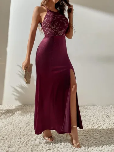 Vista 5 de WDIRARA Vestido largo sin mangas con encaje en contraste de satén para mujer