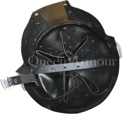 Vista 5 de Queen Armour Casco mandaloriano de metal de acero con forro y correa de barbilla para LARP Cosplay juego de roles Halloween máscara facial