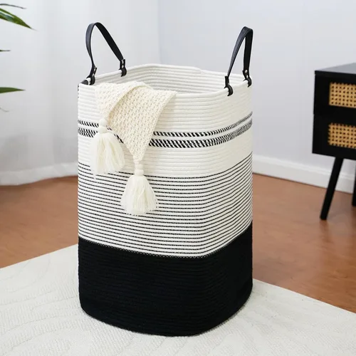 Vista 18 de Cesta grande de 79 L para ropa sucia, cesta tejida de algodón con asas, cesta de almacenamiento para ropa sucia en el baño, cesta decorativa