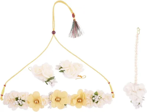 Vista 6 de Efulgenz Flower Jewelry Set Wedding Faux Pearl Beaded Collar Bib Necklace Floral Indian Handmade Necklace Maangtikka Earrings Bracelet Set Jewelry