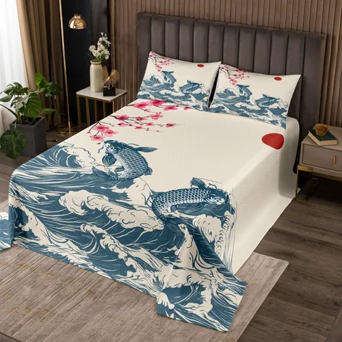 Vista 7 de Manfei Colcha de flores de cerezo tamaño individual, juego de colcha de cielo estrellado de nubes de luna, decoración de habitación para niñas