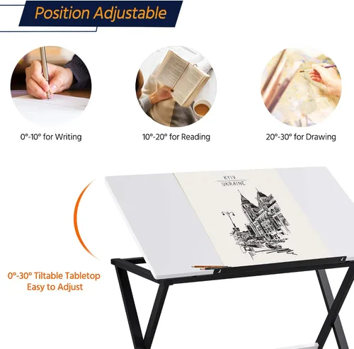 Vista 4 de Yaheetech Mesa de dibujo para artistas, escritorio de arte, dibujo, pintura, mesa de estudio con mesa inclinada, estación de trabajo para adultos
