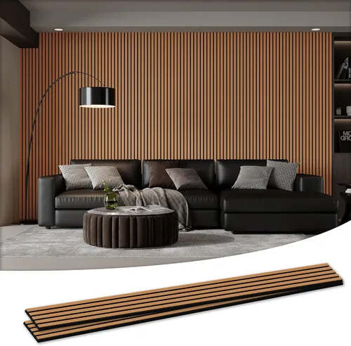 Vista 14 de Paquete de 4 paneles acústicos de pared de 105.9 x 12.6 x 0.8 pulgadas, absorbentes de sonido, paneles de pared de listones de madera para Teca