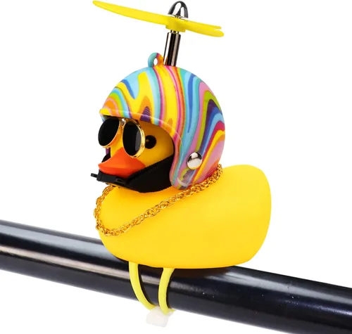 Vista 13 de wonuu Adornos de pato de goma para automóvil, decoración de tablero de instrumentos de pato amarillo, cuernos de bicicleta de pato con casco