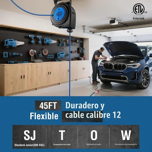 Vista 2 de SURAIELEC Carrete de cable de extensión retráctil de calibre 12, cable de alimentación resistente SJTOW de 45 pies, cable de alimentación SJTOW