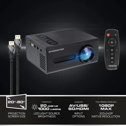 Vista 3 de Monster Image - Mini proyector LCD de formato pequeño de 1920 x 1080 HD, proyecto de hasta 8 pies de distancia, funciona en pantallas de proyección