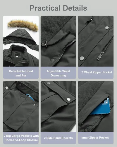 Vista 6 de CREATMO US Abrigo de invierno para mujer, talla grande, impermeable, largo, acolchado, cálido, militar, grueso, parka con capucha de piel