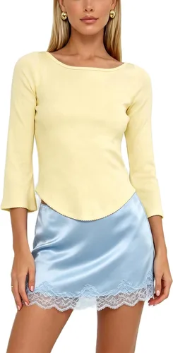 Vista 8 de Camiseta de manga 3/4 para mujer, cuello barco, ajuste delgado, manga de A Blanco