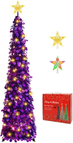 Vista 24 de MACTING Árbol de Navidad desplegable con 50 luces LED con temporizador, 5 pies, árbol de lápiz de oropel plegable de fácil montaje, árbol artificial