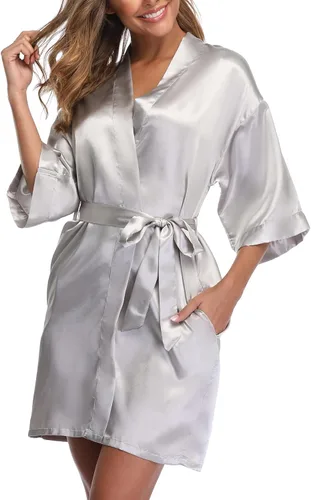 Vista 5 de Women's Short Satin Kimono Robe for Wedding Bridal Party Bridesmaid Robe Sleepwear Azul