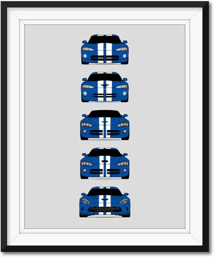 Vista 4 de Custom Car Posters Póster hecho a mano compatible con Dodge Viper Generations e impresión de Viper R/T GTS SRT10, color rojo con rayas blancas, 3.