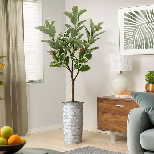 Vista 14 de Árbol artificial en maceta moderna con patrón triangular, palmera tropical areca artificial de seda para decoración del hogar en interiores