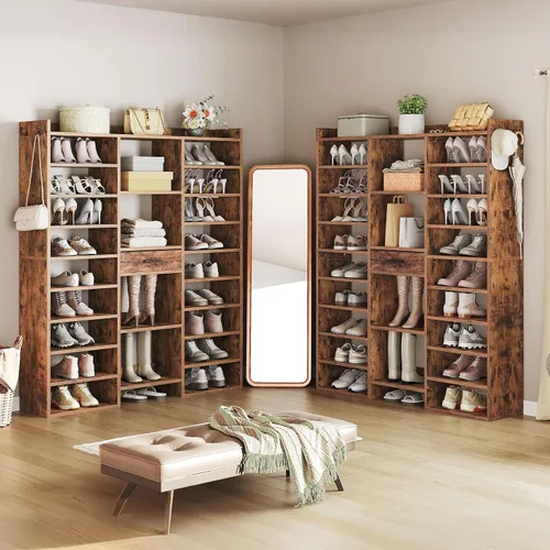 Vista 4 de HOOBRO Zapatero de 10 niveles de alto, organizador grande de zapatos de madera de 47 pulgadas, estante de zapatos de 61 pulgadas de alto con cubos