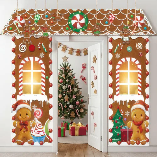 Vista 6 de Puerta de Pan de Jengibre de Navidad con Luces, Decoraciones de Cubierta de Cartón, Letrero de Pancarta de Porche de Dulces de Casa de Pan