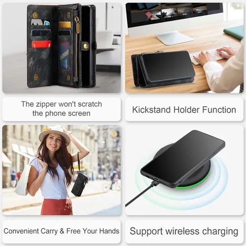 Vista 6 de Asuwish Funda de teléfono para Samsung Galaxy S10 con cremallera, funda desmontable con protector de pantalla de vidrio templado y tarjetero Negro