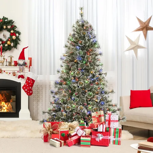 Vista 8 de Goplus Árbol de Navidad artificial preiluminado de 6 pies, árbol de Navidad con bisagras con conector de alimentación rápida de 360°, 350 luces LED