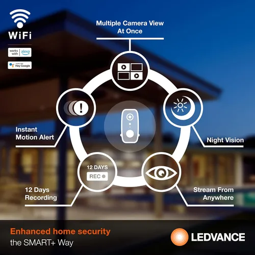 Vista 3 de LEDVANCE Cámara inteligente WiFi para exteriores con batería, audio bidireccional, video HD y sensor, compatible con Alexa y Google, resistente a