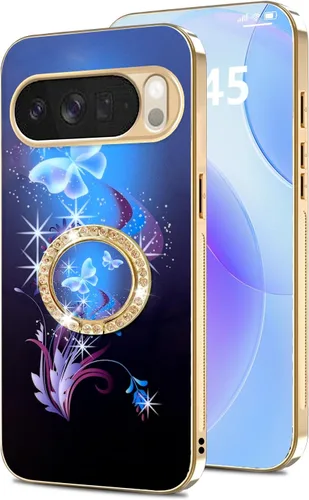 Vista 22 de nancheng Funda para Google Pixel 6 de lujo, diseño de abeja, corazón y abeja, chapado en oro, con anillo de diamante de 360°, correa de cordón