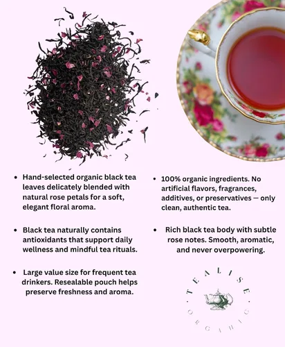 Vista 4 de Té negro rosa orgánico hoja suelta – hoja entera, orgánico USDA, aroma floral suave, té negro rico en antioxidantes, 1 libra (16.08 oz) por Tealise