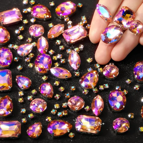 Vista 11 de WILLBOND 156 piezas de diamantes de imitación para coser con garra, diamantes de imitación de cristal con base plana, gemas con engaste de metal