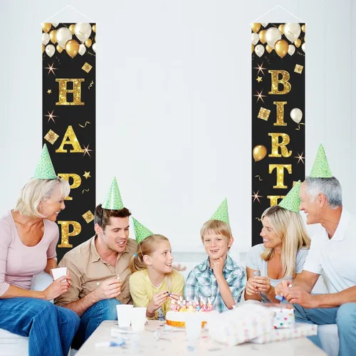 Vista 4 de Cartel de feliz cumpleaños negro y dorado, cartel de feliz cumpleaños, cartel de puerta de porche, letrero colgante de pared para exteriores e