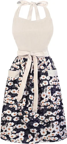Vista 12 de Bonitos delantales florales para mujer con bolsillos, delantal de algodón ajustable con correa para el cuello para cocina, cocina, hornear