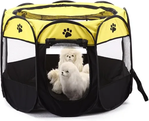 Vista 7 de S-Lifeeling Corralito plegable para mascotas, perrera extraíble, perro, gato, conejo, malla, cubierta de malla, portátil, impermeable, plegable, Café